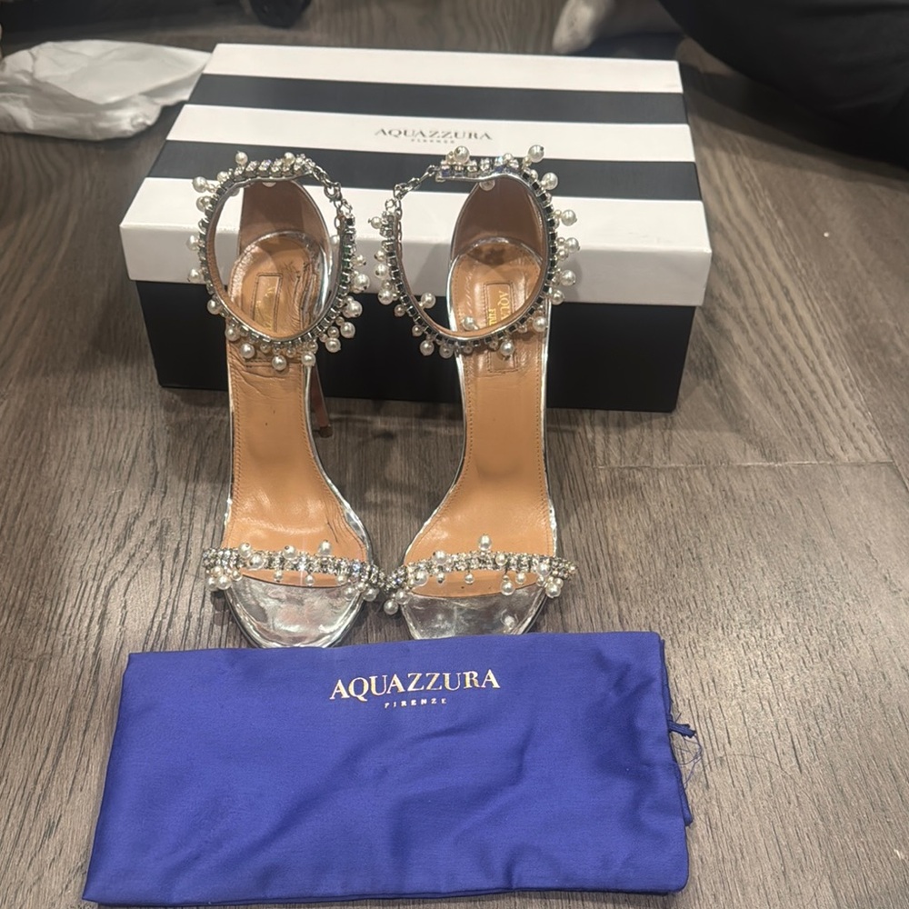Aquazzura Silver Pearl Embellished Heels